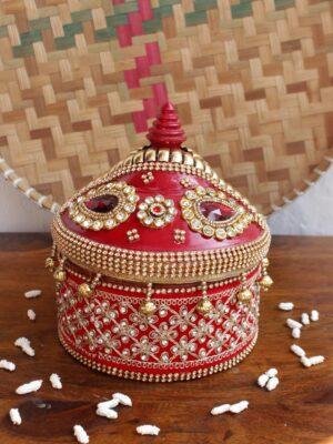 Red-Crystal-lace-wooden-sindur-box at Shilphaat.com