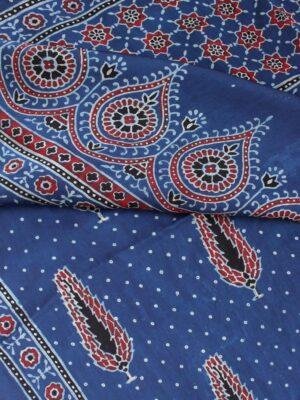 Red-leaves-on-Indigo-Modal-silk-Ajrakh-block-printed-scarf at Shilphaat