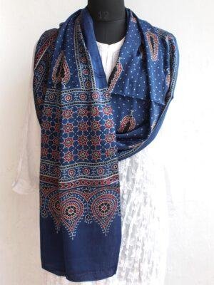 Red-leaves-on-Indigo-Modal-silk-Ajrakh-block-printed-stole at Shilphaat