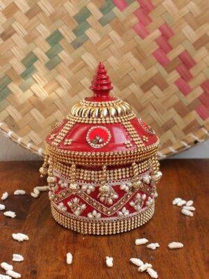 Beads Red-lace-small-wooden-sindur-box at Shilphaat.com