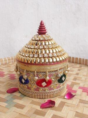 Multicolour-crystal-lace-medium-wooden-sindoor-box at Shilphaat.com