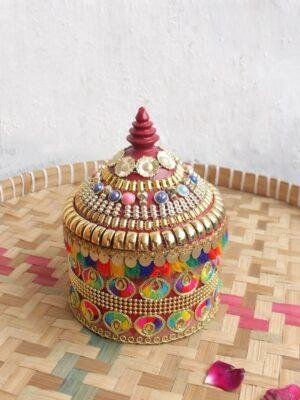 Multicolour-lace-medium-wooden-sindoor-box at Shilphaat