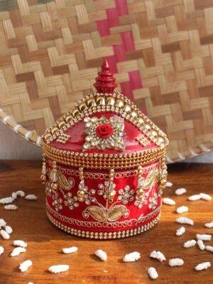 Zari-Crystals-Roses-samll-wooden-Sindur-Box at Shilphaat.com