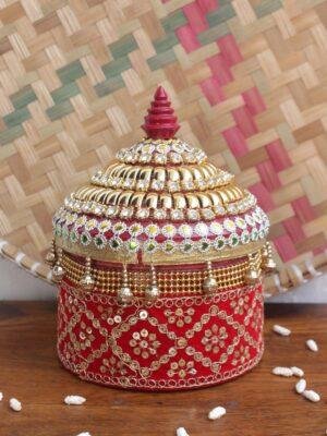 Red-and-golden-lace-Big-wooden-sindoor-box at Shilphaat.com