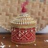 Red-and-golden-lace-medium-wooden-sindoor-box at Shilphaat.com