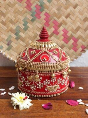 Red-zari-and-crystal-lace-big-wooden-Sindoor-box at Shilphaat.com
