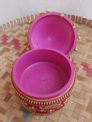 Yellow-Peacock,-red-lace-medium-wood-Sindhora at Shilphaat