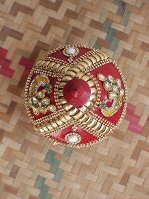 Yellow-Peacock,-red-lace-medium-wooden-Sindhora at Shilphaat