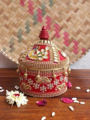Yellow-Peacock,-red-lace-medium-wooden-Sindoor-box at Shilphaat.com