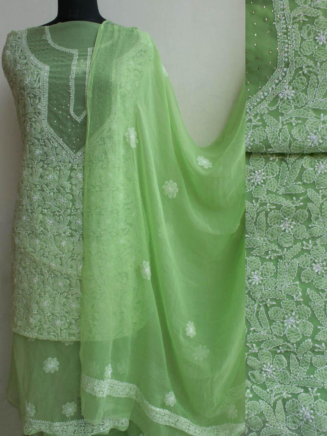 Banana-green-mukaish-chikankari-chiffon-Dress-material.jpg Banana Green Mukaish Chikankari chiffon suit - Image 1