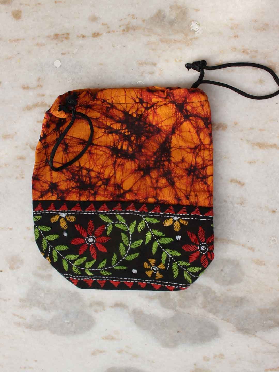Batk-kanthawork-cotton-potli-bag.jpg Batik Kanthawork potli bag - Image 1