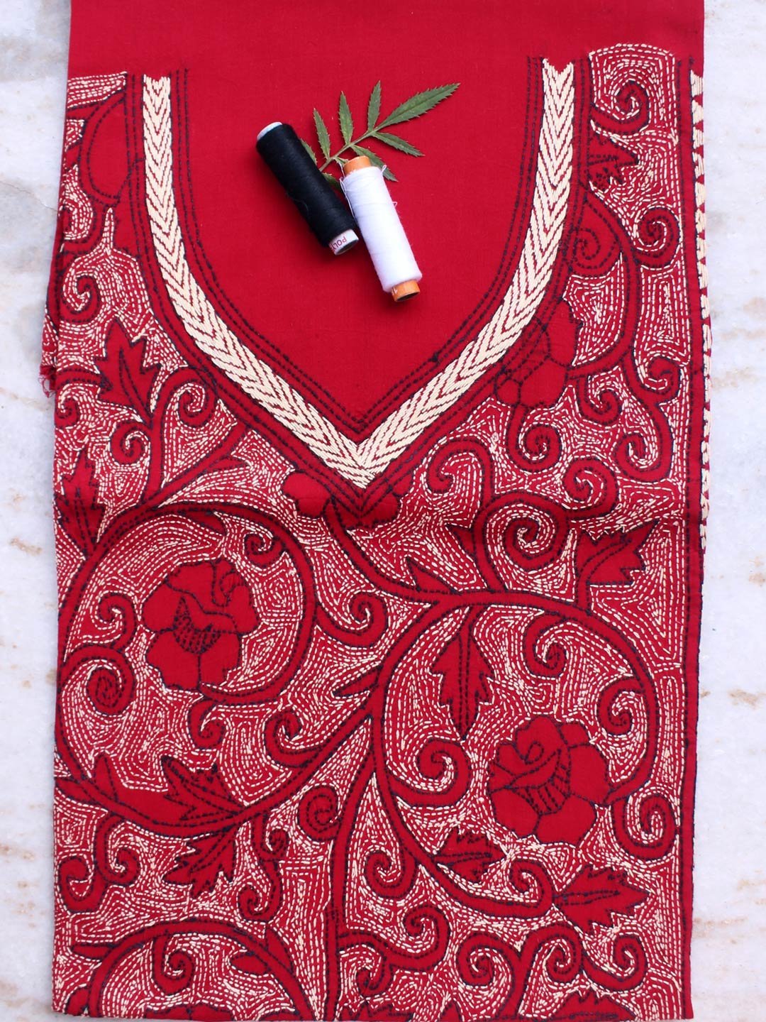 Beige-and-Red-kanthawork-cotton-kurta-fabric.jpg Red and Beige Kantha cotton Kurta Fabric - Image 1
