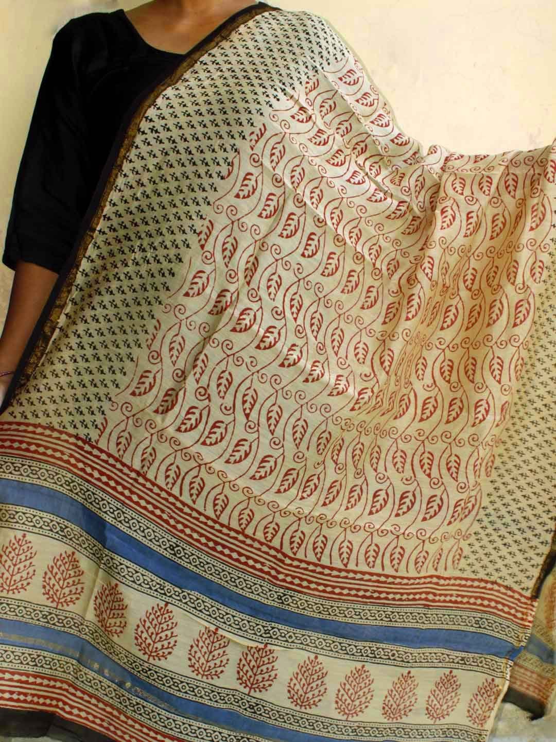 Beige-and-red-block-printed-chanderi-dupatta.jpg Beige and Red Bagru-print Chanderi Dupatta - Image 1