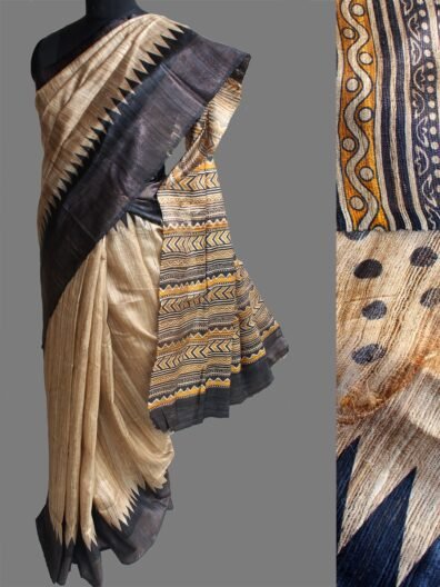 Beige, Black and Yellow Katiya Tussar Silk Sari