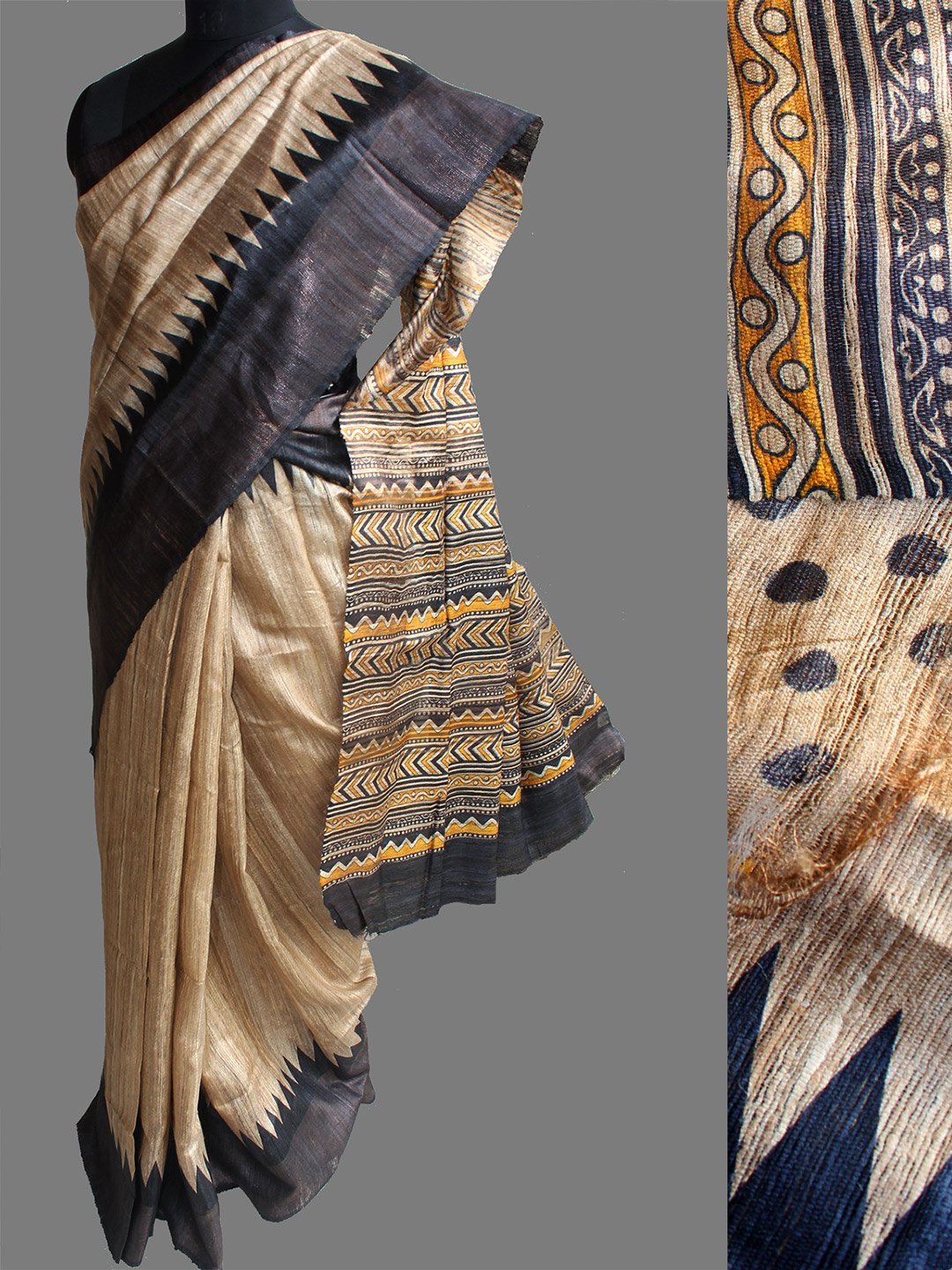 Beige-black-and-yellow-katiya-tussar-silk-sari-.jpg Beige, Black and Yellow Katiya Tussar Silk Sari - Image 1