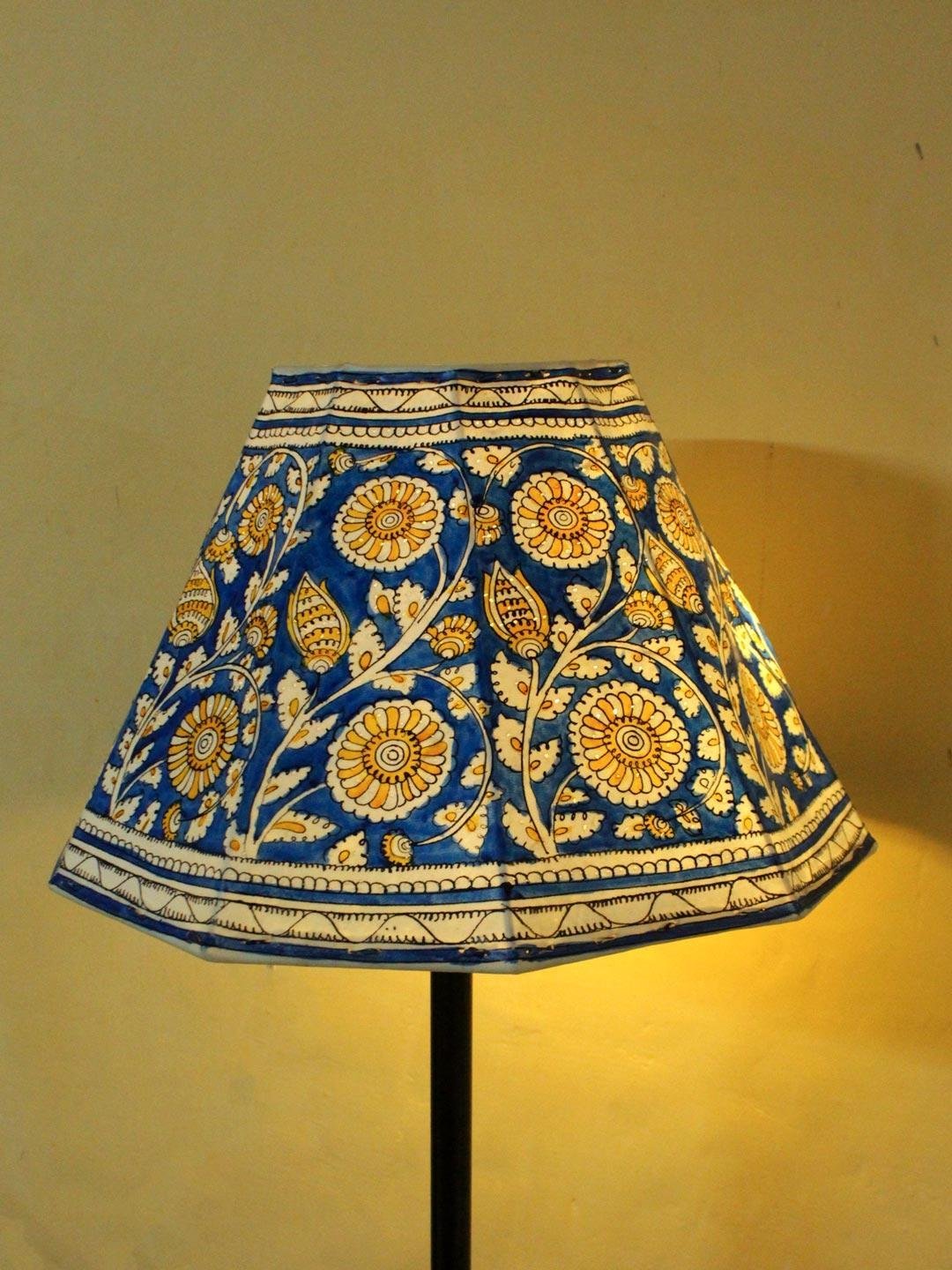 Big-Blue-and-Yellow-Tholu-Bommalata-Lampshade.jpg Big Blue and Yellow Leather Lampshade - Image 1