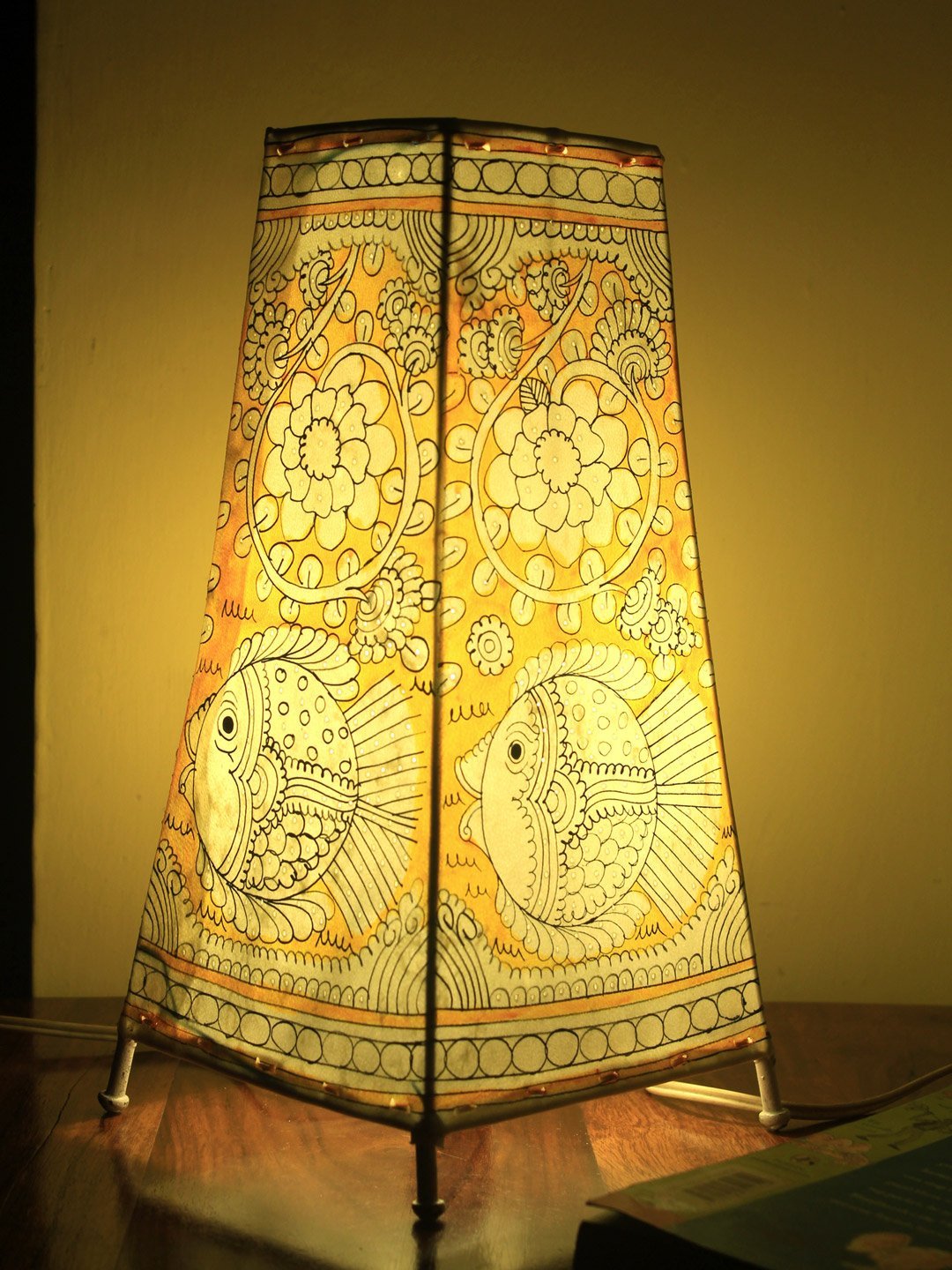 Big-Rectangular-yellow-leather-table-lamp.jpg Yellow fish on Rectangular Tholu-Bommalata Table Lamp - Image 1
