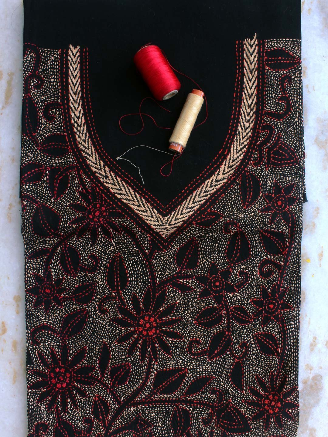 Black-Kantha-embroidered-cotton-Kurta-fabric.jpg Black Kantha embroidered cotton kurta Fabric - Image 1