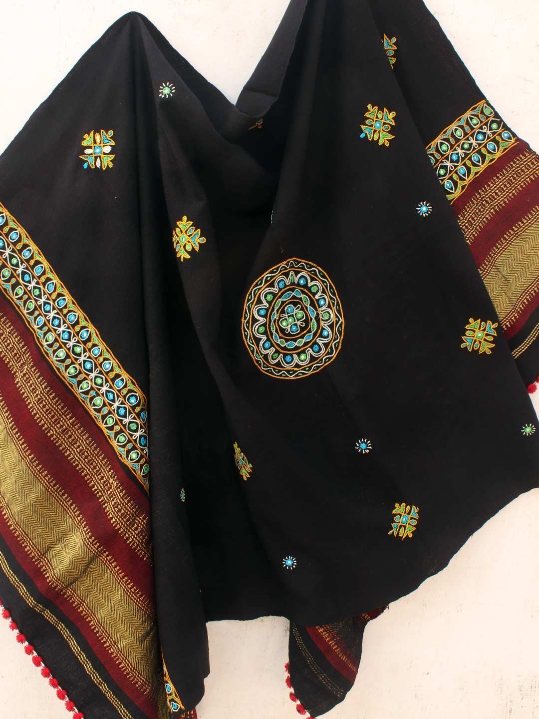 Black-Kutch-Ahir-embroidered-woolen-shawl.jpg Black Kutch Ahir Handembroidered Shawl - Image 1