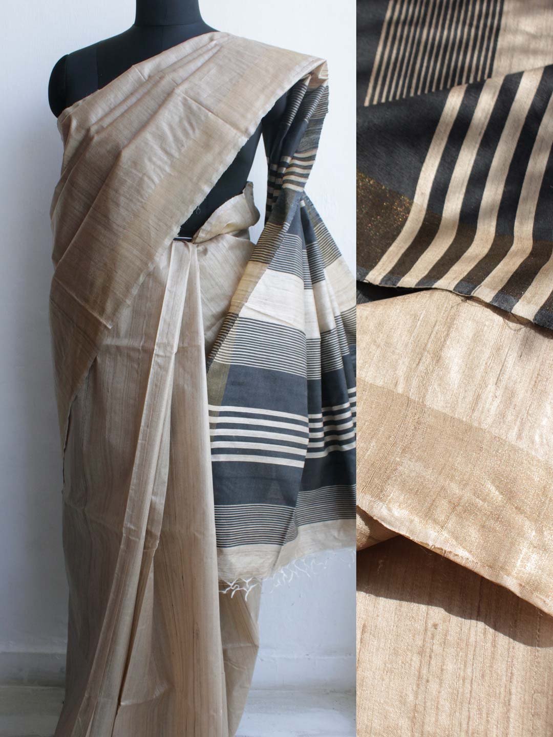 Black-Palla-Desi-tassar-Bhagalpur-silk-Saree.jpg Black Palla, Golden Desi Tussar Silk saree - Image 1