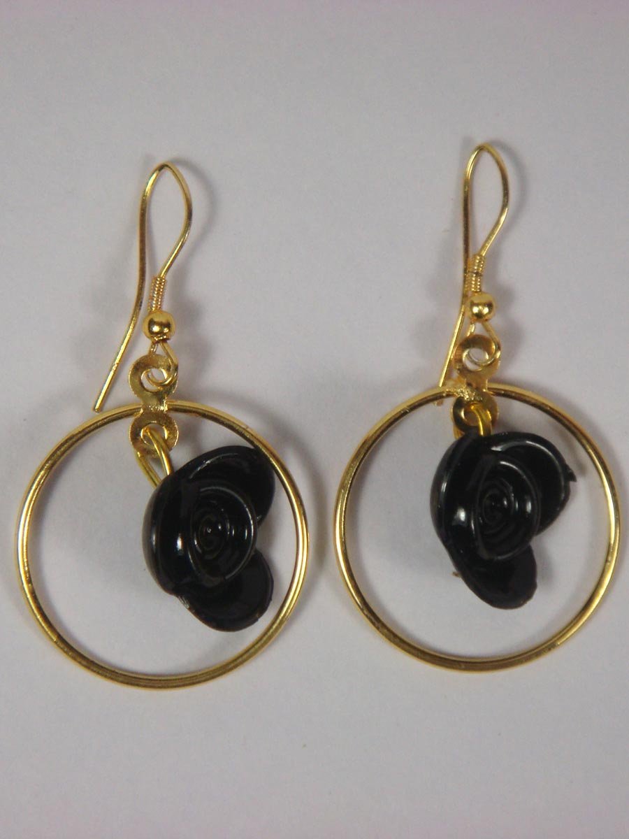 Black-and-golden-fashion-earrings.jpg Black Flower in Golden Ring EarRings - Image 1