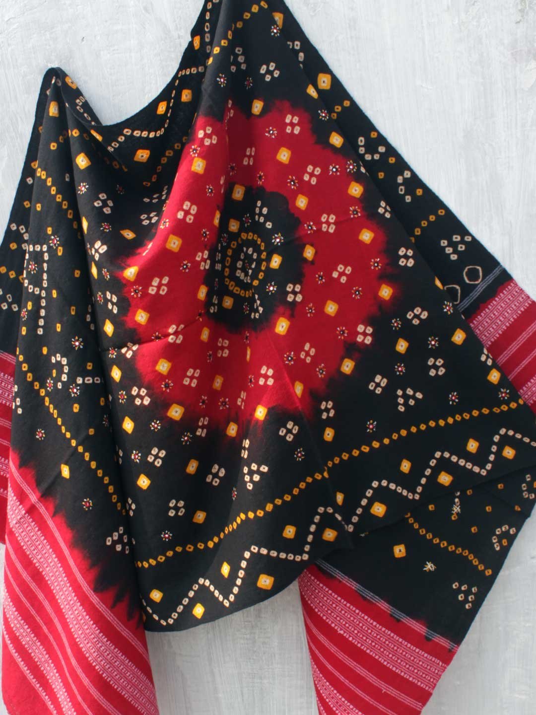 Black-and-red-Bandhej-mirrorwork-woolen-shawl.jpg Black and Red Bandhej Mirrorwork Woolen Shawl - Image 1