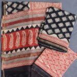 Red, Beige, Black Block-Printed Chanderi Dress-Material