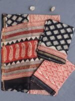 Red, Beige, Black Block-Printed Chanderi Dress-Material