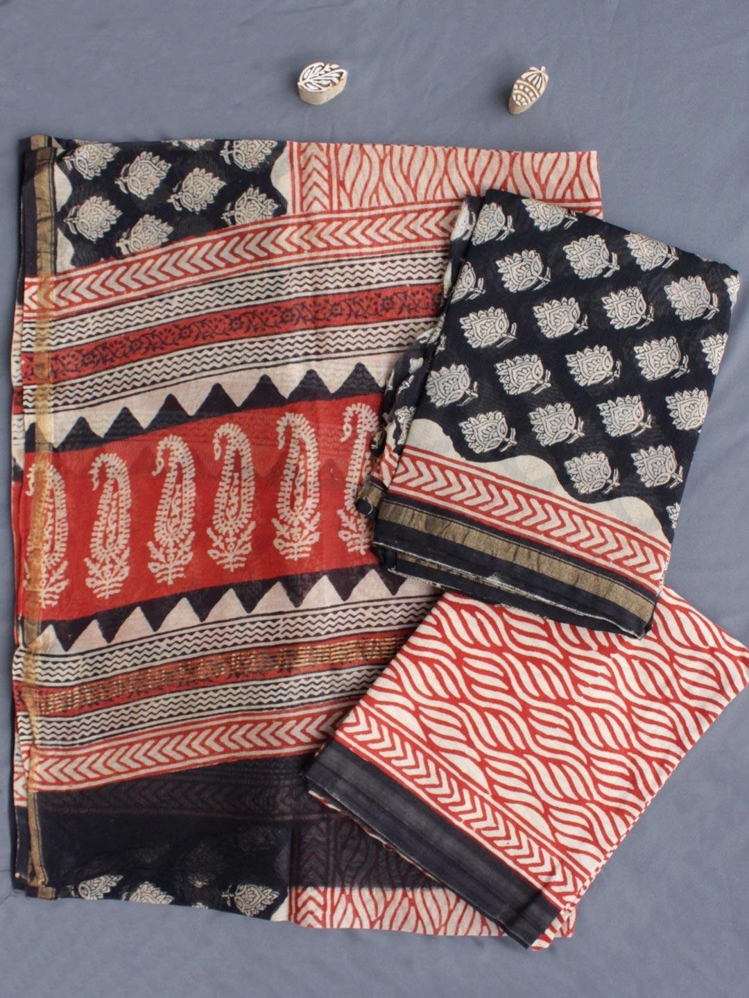 Black-and-red-chanderi-dress-material.jpg Red, Beige, Black Block-Printed Chanderi Dress-Material - Image 1