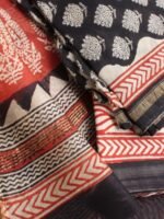 Red, Beige, Black Block-Printed Chanderi Dress-Material - Image 4