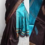 Cola-Brown and Blue Mulberry Dupion Silk Saree