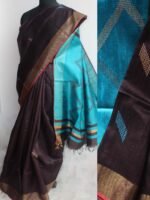 Cola-Brown and Blue Mulberry Dupion Silk Saree