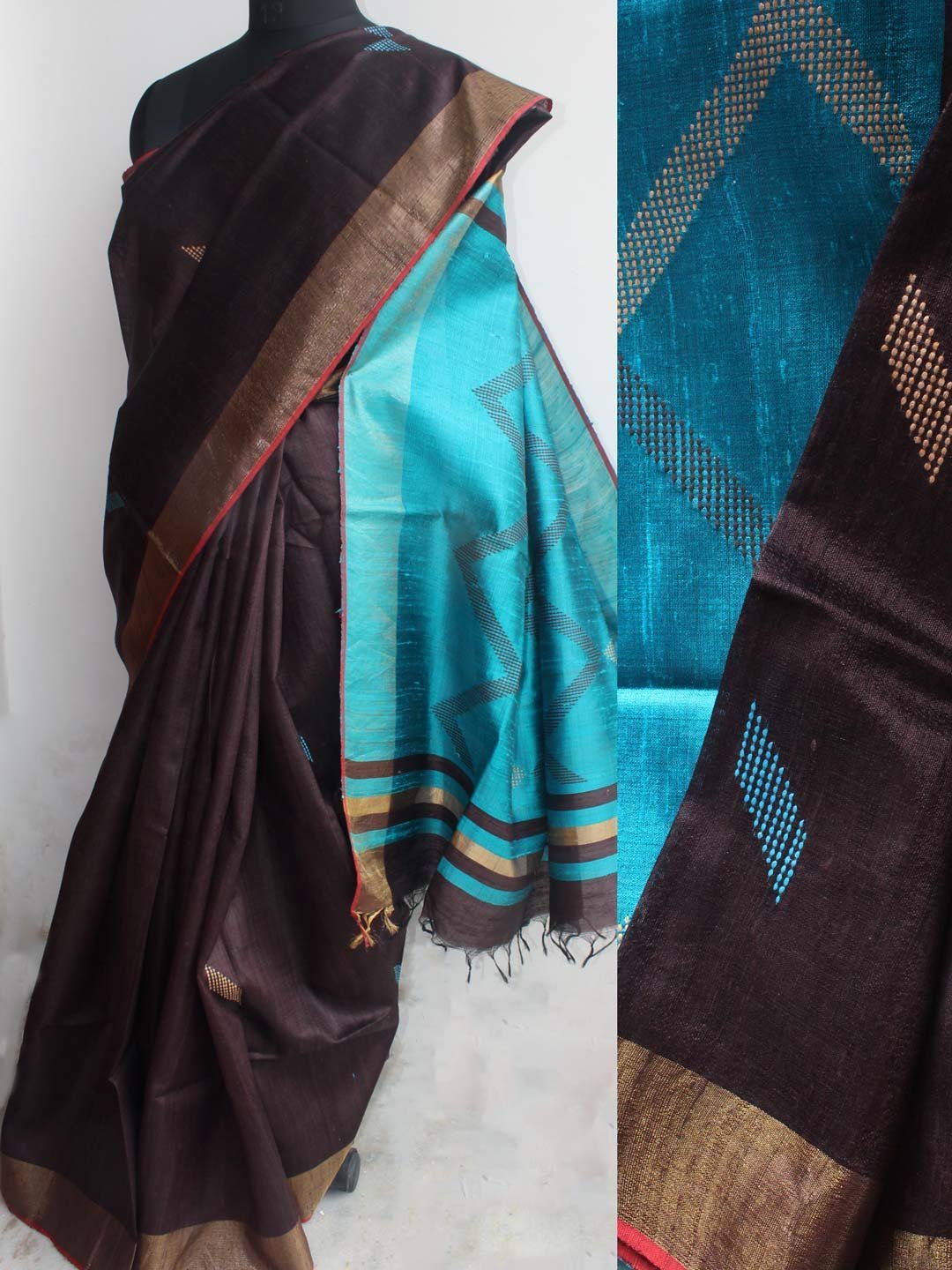 Black-brown-and-Blue-Mulberry-Dupion-Silk-Saree-Shilphaat.jpg Cola-Brown and Blue Mulberry Dupion Silk Saree - Image 1