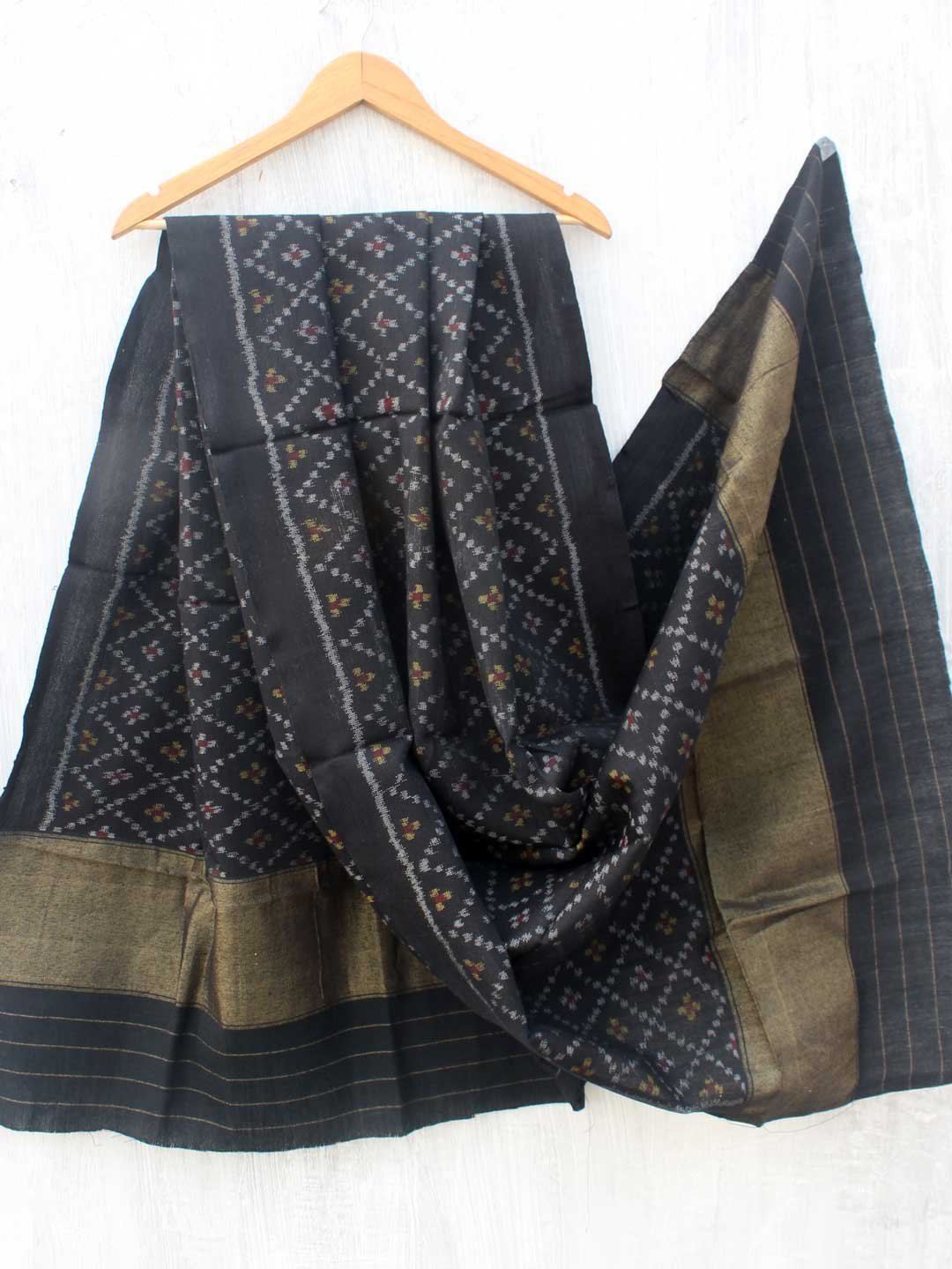 Black-handwoven-patola-woolen-shawl.jpg Black Handwoven Patola pure Wool shawl - Image 1