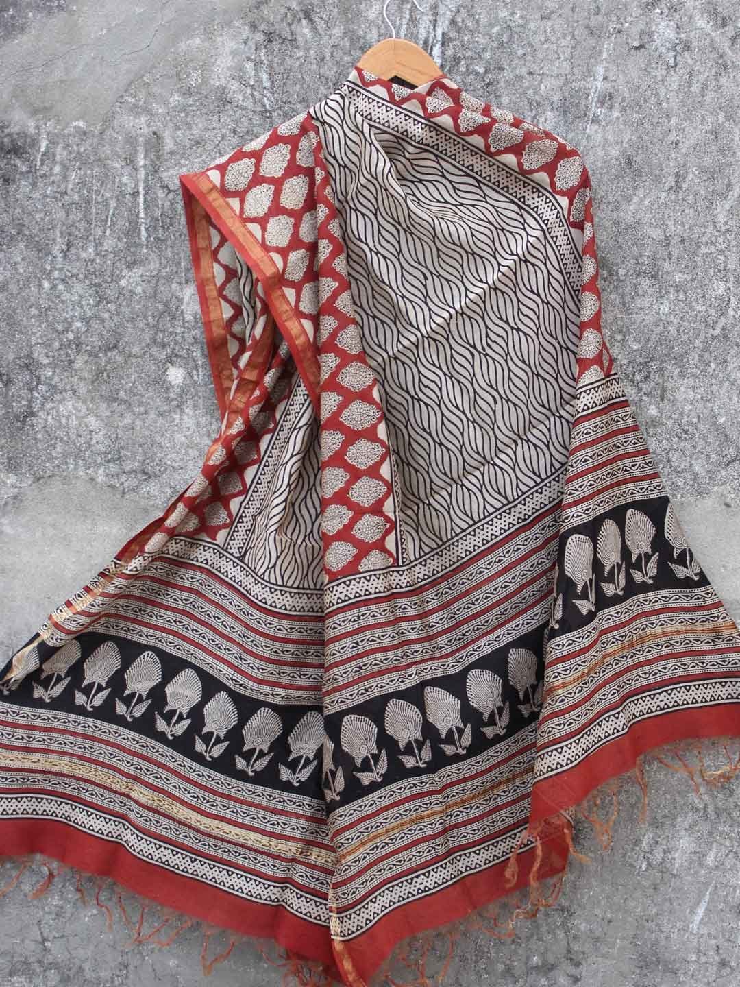 Black-red-off-white-block-printed-chanderi-dupatta.jpg Red, Black, Off-White Block-Printed Chanderi Dupatta - Image 1