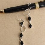 Black stone, contemporary-Silver dangle Earrings