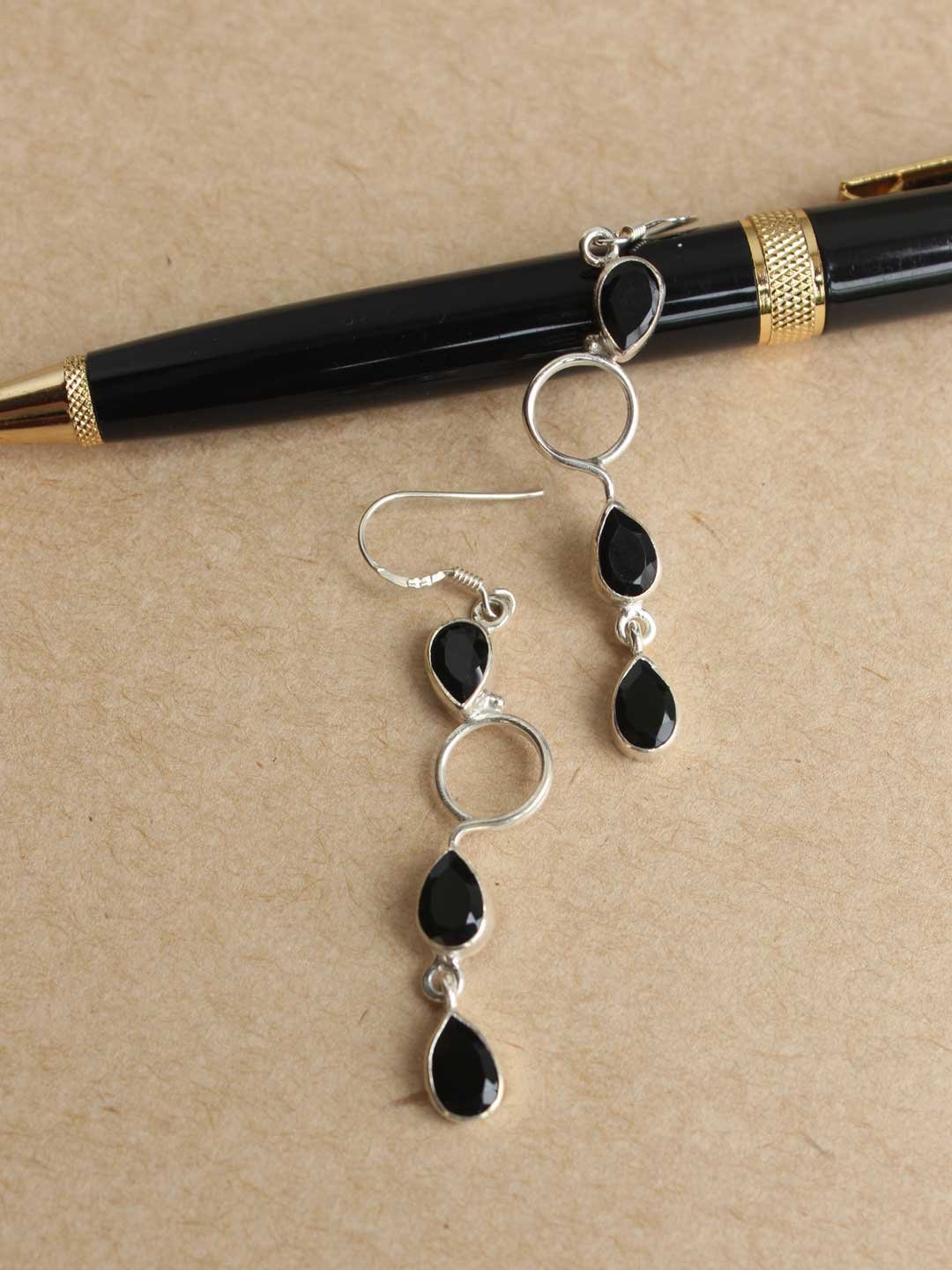 Black-stone-Contemporary-silver-dangle-earrings.jpg Black stone, contemporary-Silver dangle Earrings - Image 1