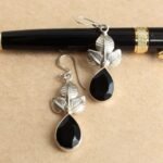 Black-stone, Leaf shape pure silver Earrings