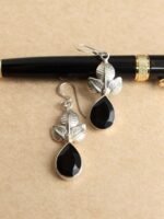 Black-stone, Leaf shape pure silver Earrings
