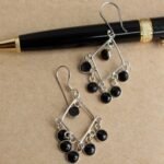 Black stone, rhomboid Silver drop Earrings
