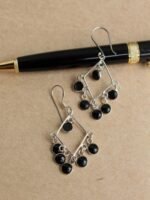 Black stone, rhomboid Silver drop Earrings