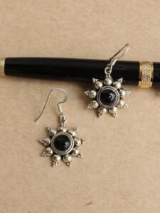 Black-stone-round-pure-silver-earrings