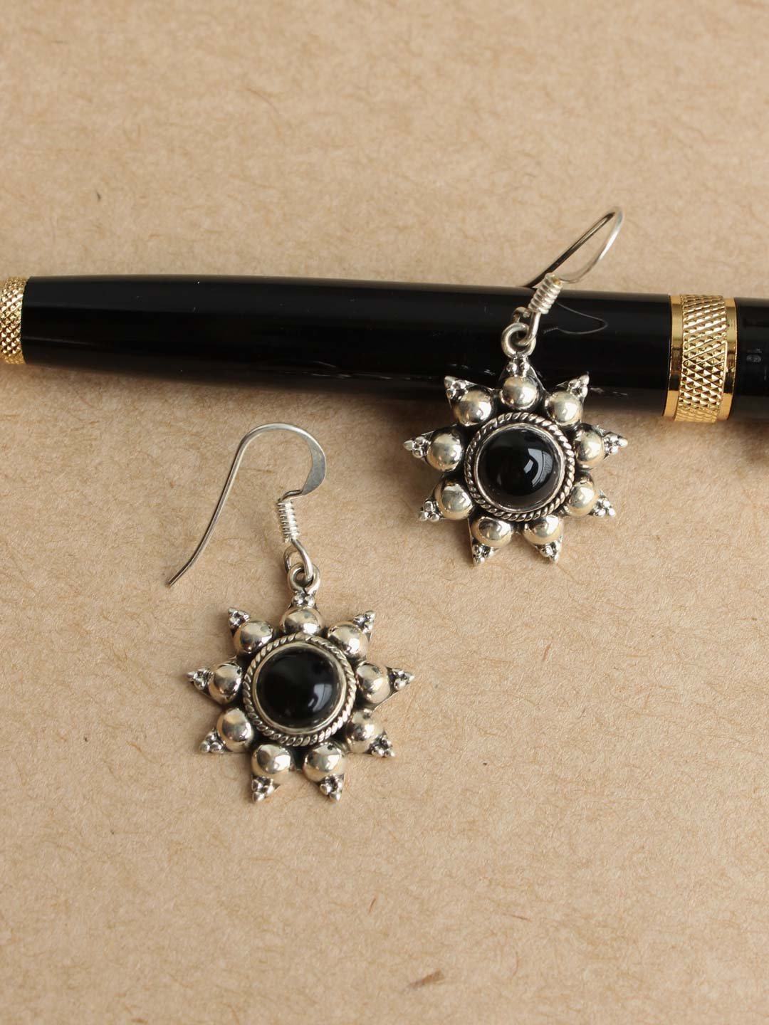 Black-stone-round-pure-silver-earrings.jpg Black-stone, round, pure silver Earrings - Image 1