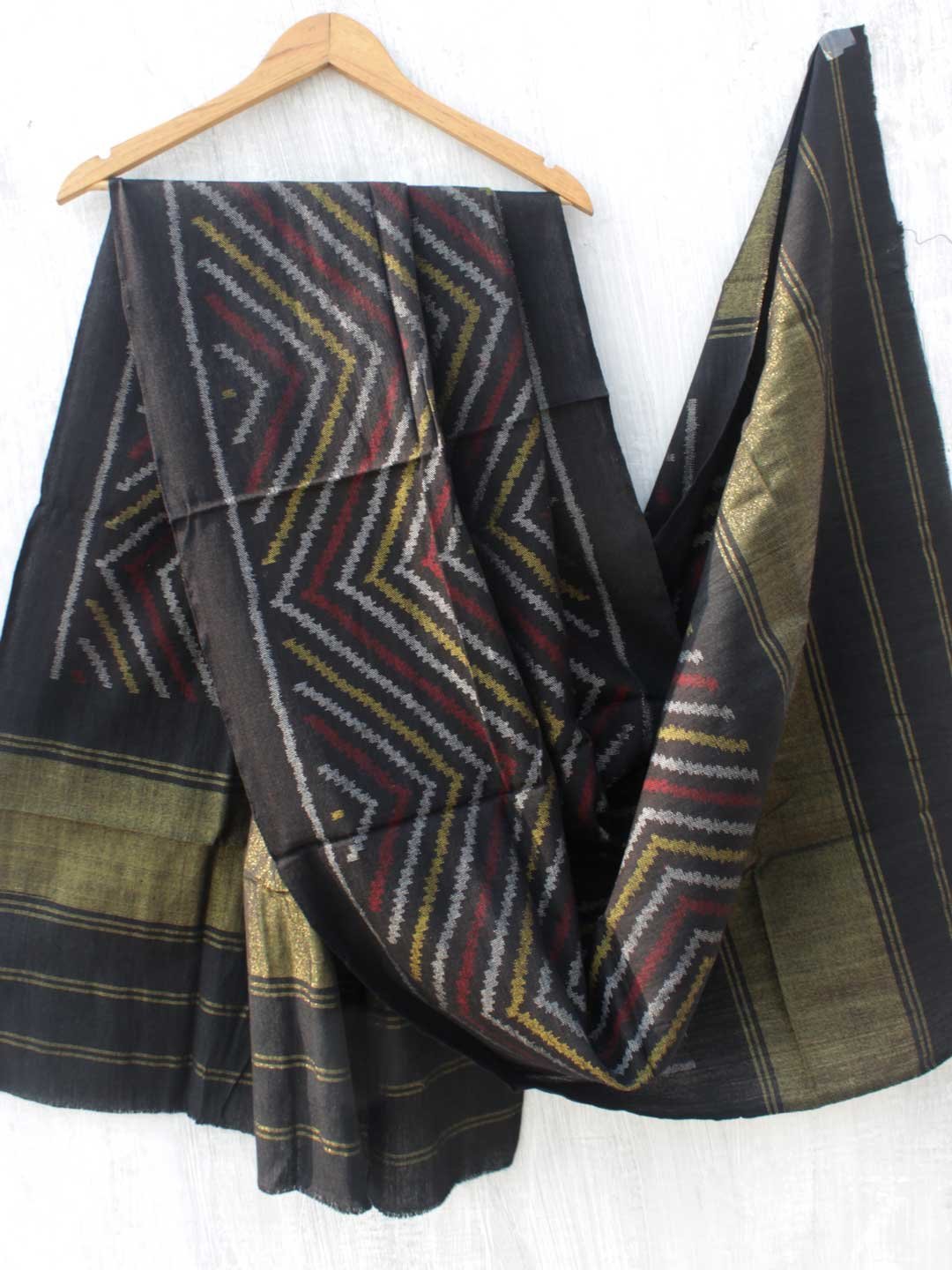 Black-zig-zag-patan-patola-woolen-shawl.jpg Black zig-zag Patan Patola Woolen Shawl - Image 1