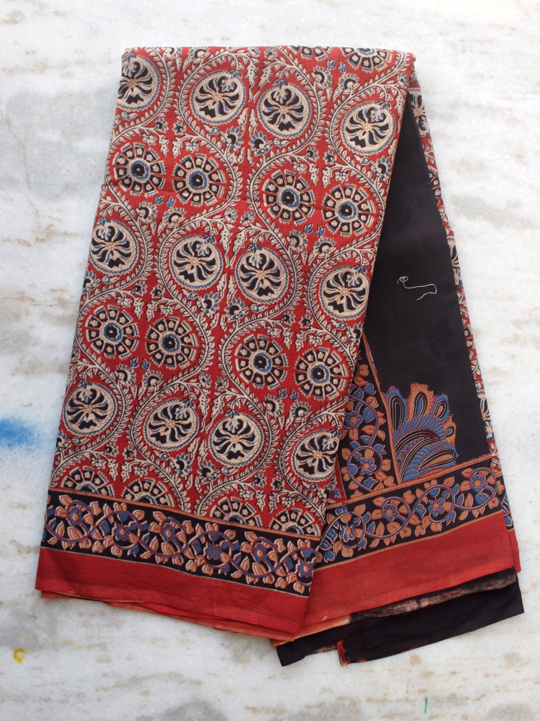 Block-printed-Bagru-cotton-saree.jpg Bagru Block-Printed Red Cotton Sari - Image 1