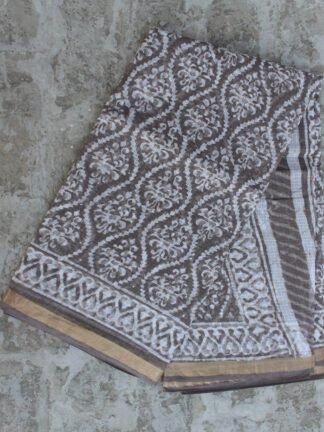 Block-Printed Brown-Grey Kota-cotton saree