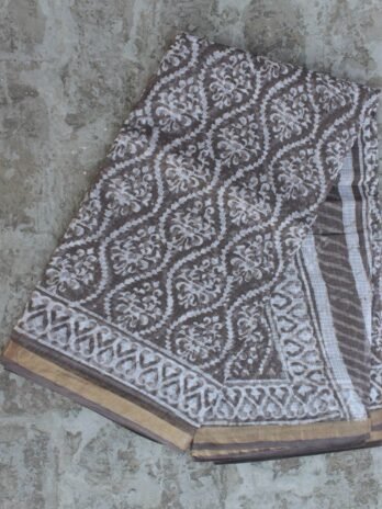 Block-Printed Brown-Grey Kota-cotton saree