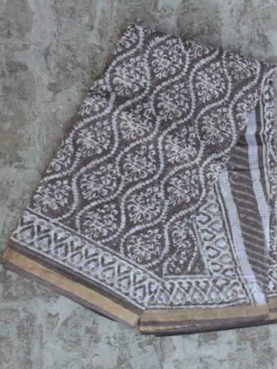 Block-Printed Brown-Grey Kota-cotton saree