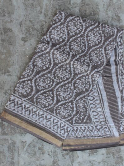 Block-Printed Brown-Grey Kota-cotton saree