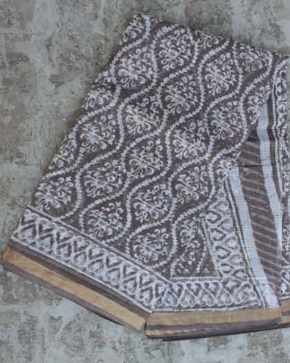Block-Printed Brown-Grey Kota-cotton saree